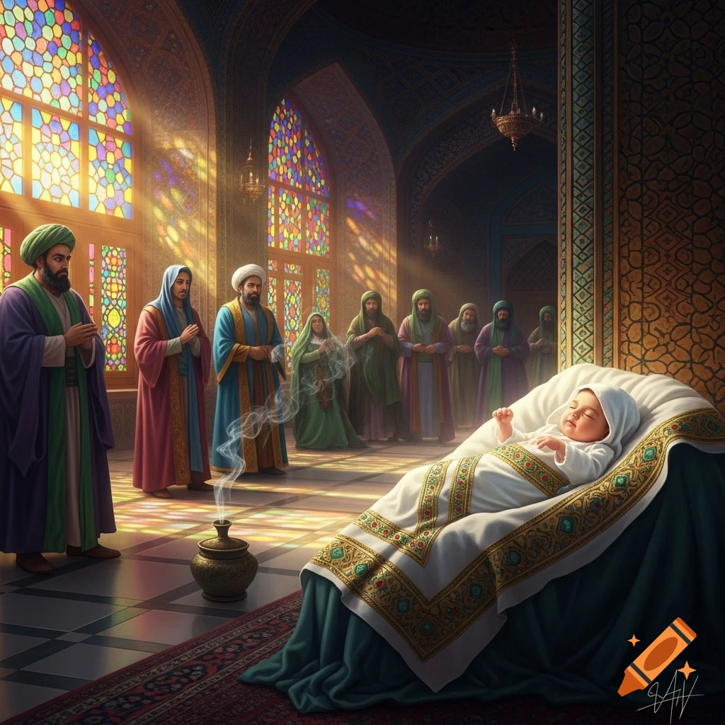 A newborn baby sleeps peacefully in an ornate bed, surrounded by robed figures in a richly decorated room with stained glass windows.