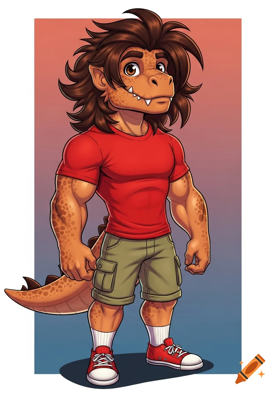 2D cartoon of a male humanoid T-Rex creature with thick messy hair, a red t-shirt, khaki shorts, and red canvas shoes.