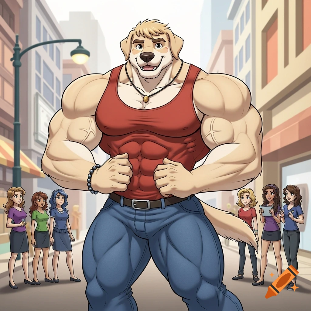 A giant, muscular anthropomorphic labrador dog flexing in a city street, admired by several women, in a cartoon style.