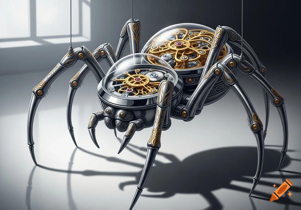 A highly detailed metallic steampunk spider with visible gold watch gears on its back and abdomen, standing on a reflective surface.