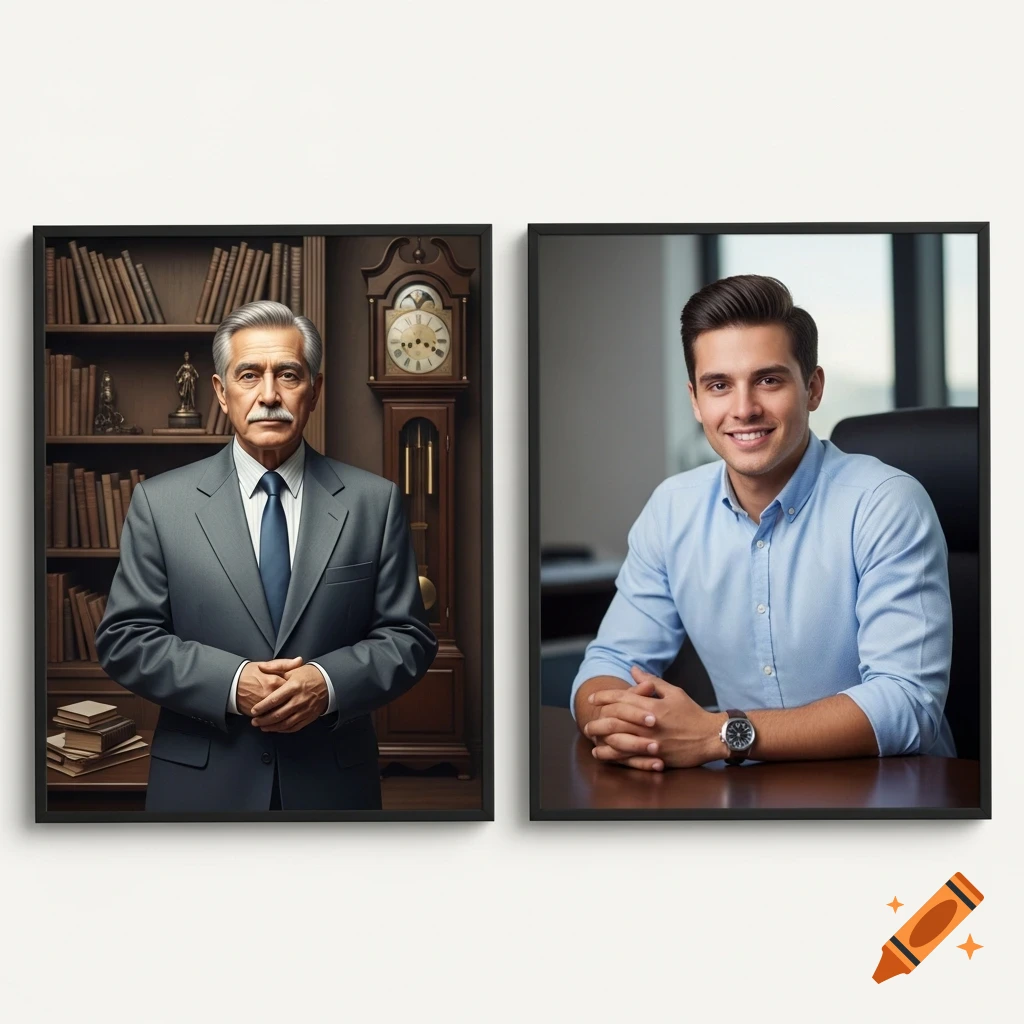 Two framed portraits side-by-side: an older man in a suit by a bookshelf and a younger man in a blue shirt at a desk.