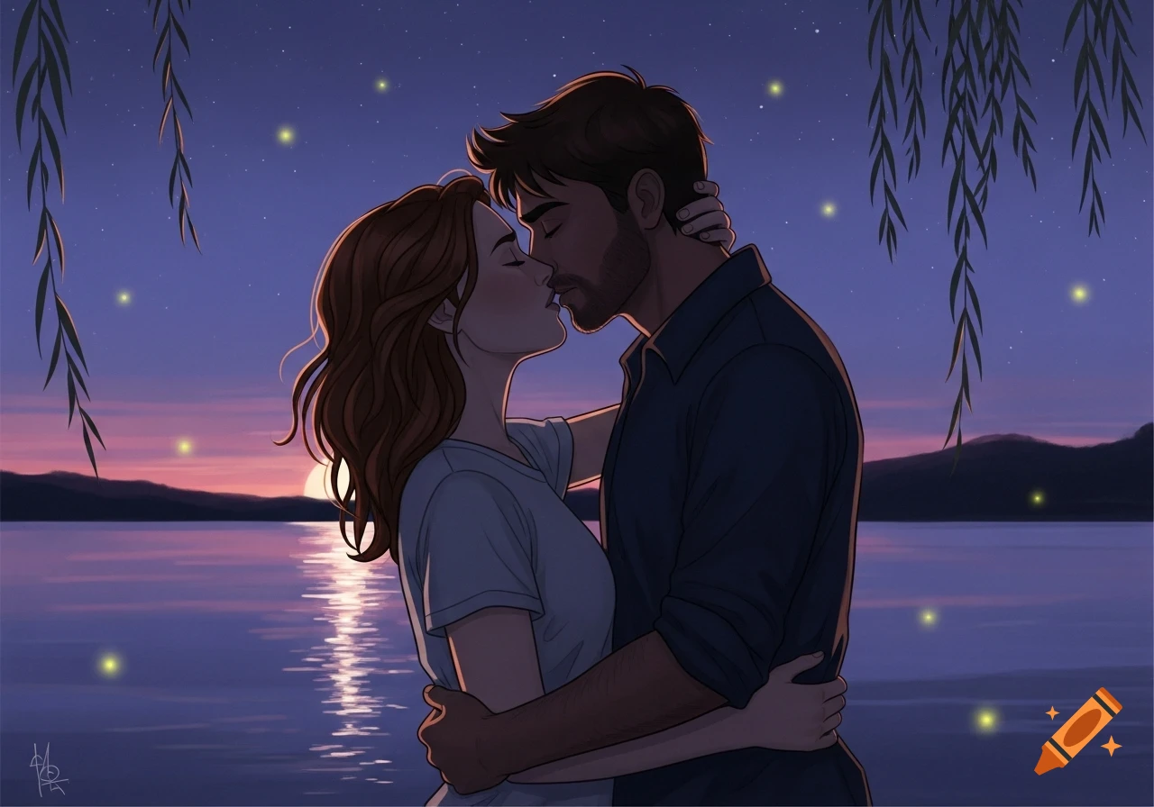 Illustration of a couple kissing by a moonlit lake with fireflies and willow branches, at dusk.
