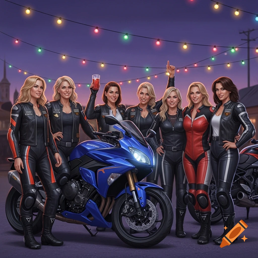 Seven women in full leather motorcycle suits pose with a blue sports bike under string lights at dusk.