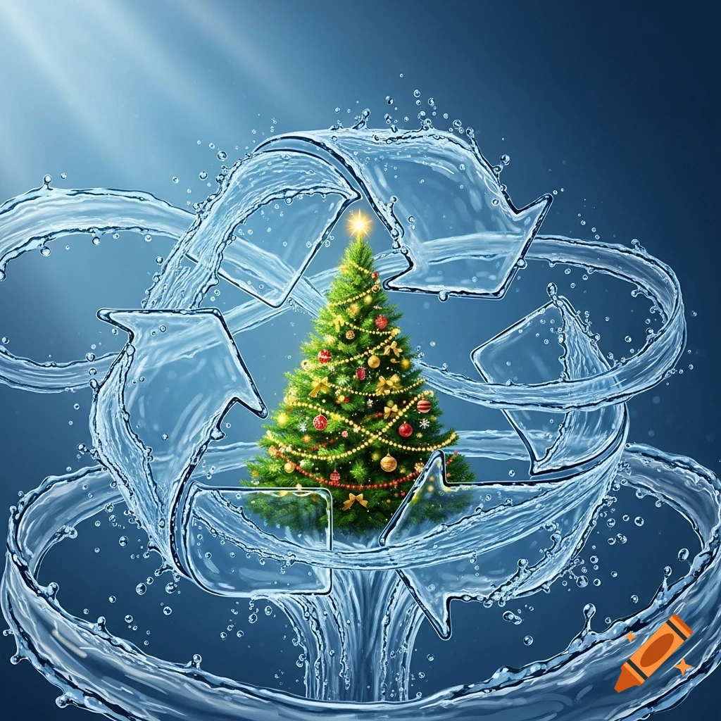 Decorated Christmas tree encircled by a dynamic recycling symbol sculpted from splashing blue water against a gradient blue background.