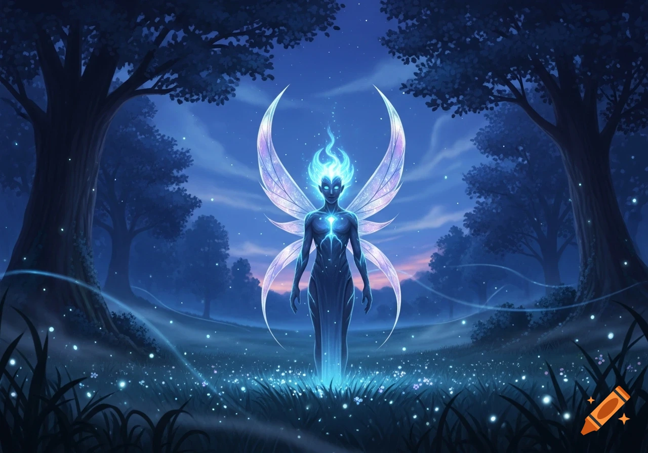 A glowing blue ethereal creature with iridescent wings stands in a dark, magical forest surrounded by luminous plants and fireflies at dusk.