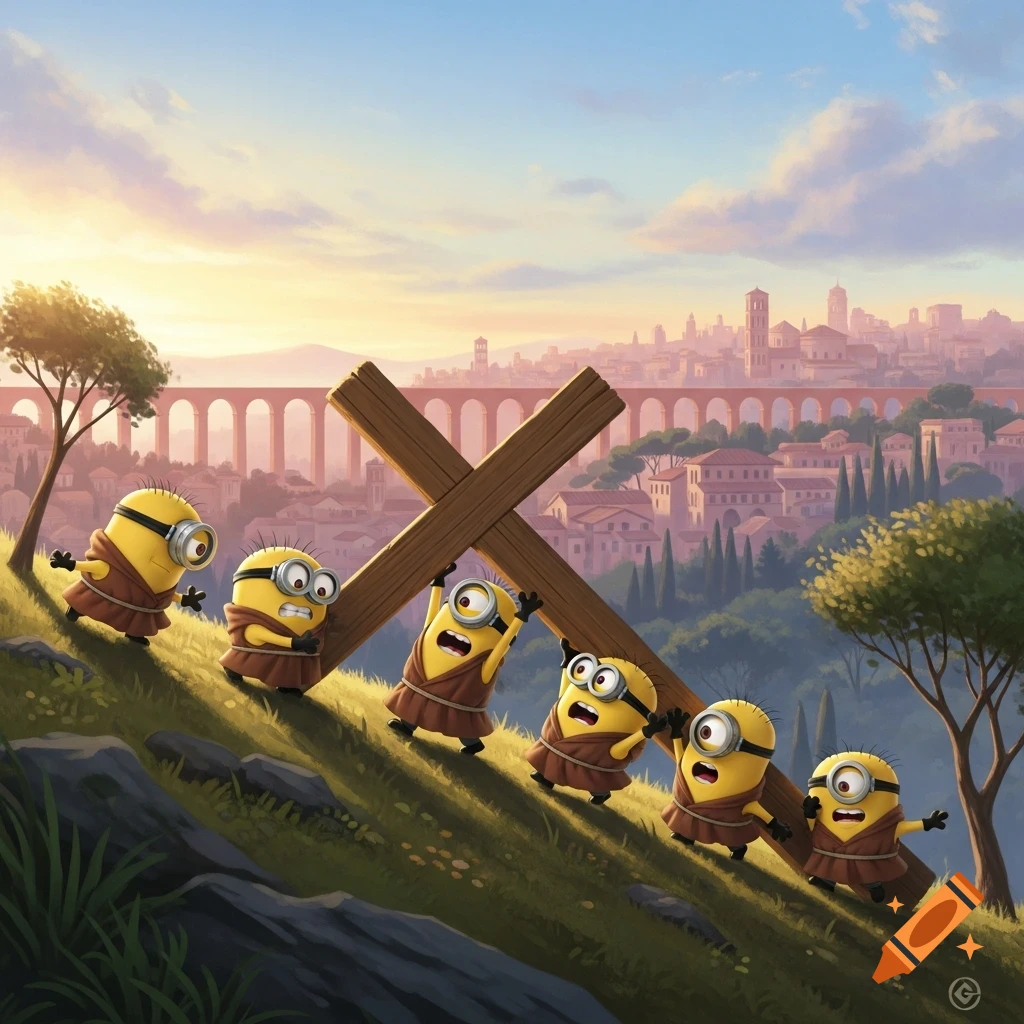 Several Minions in brown robes struggle to carry a large wooden cross up a grassy hill overlooking an ancient Roman city at sunset.
