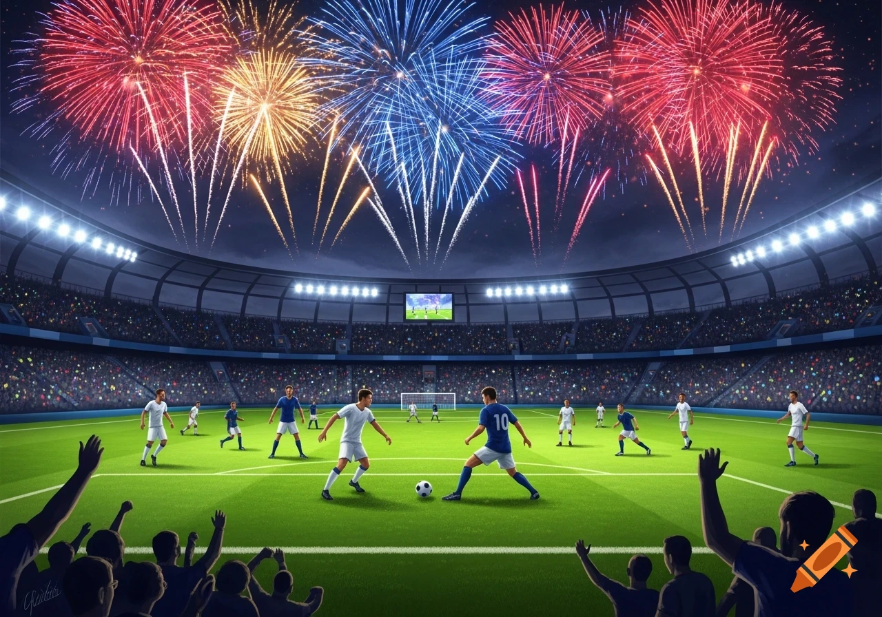 A night football game in a stadium with a vibrant fireworks display overhead, featuring players on the field and a cheering crowd.