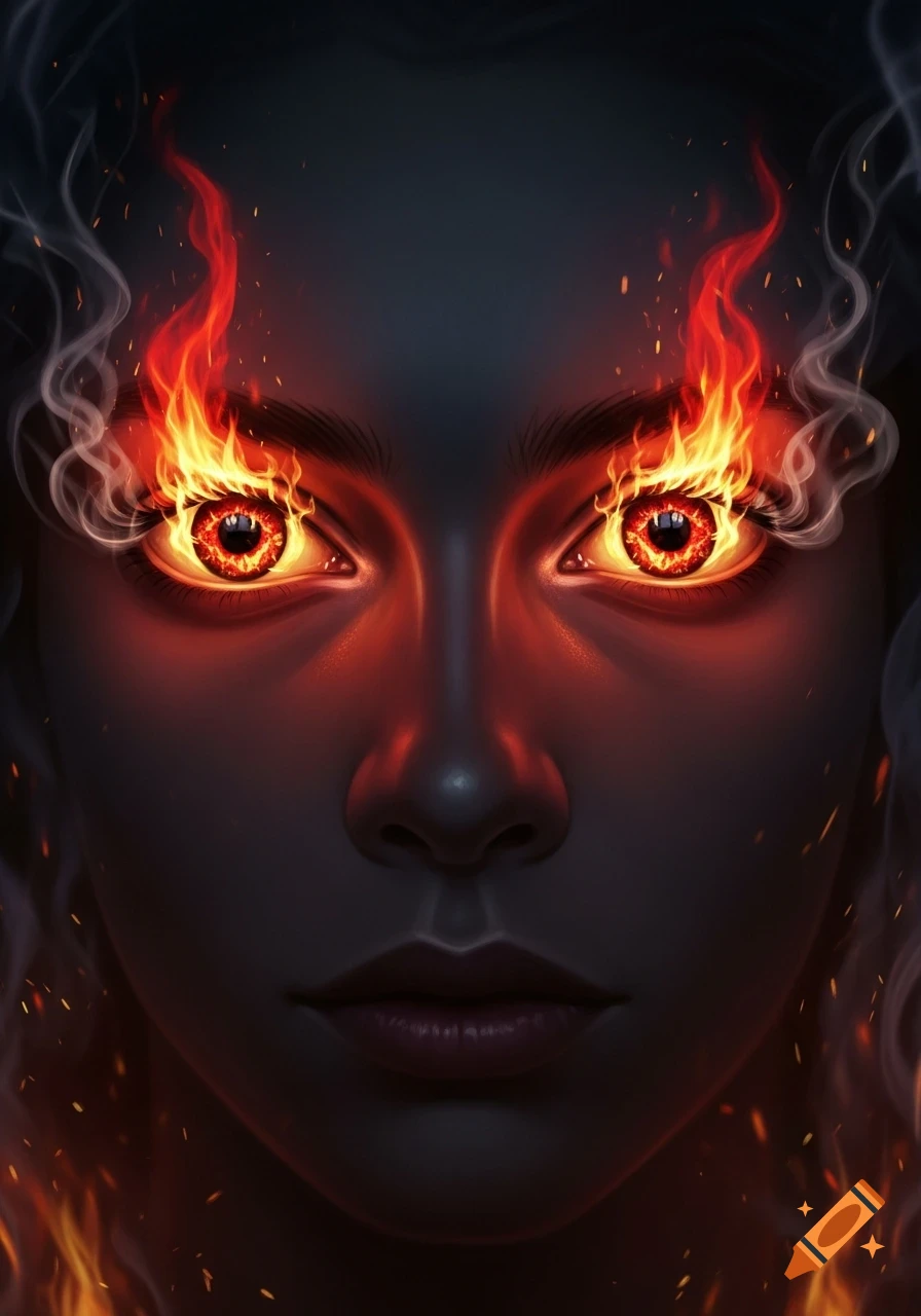 Close-up of a person's face with dark skin, fiery red and orange eyes, surrounded by smoke and embers, looking forward.