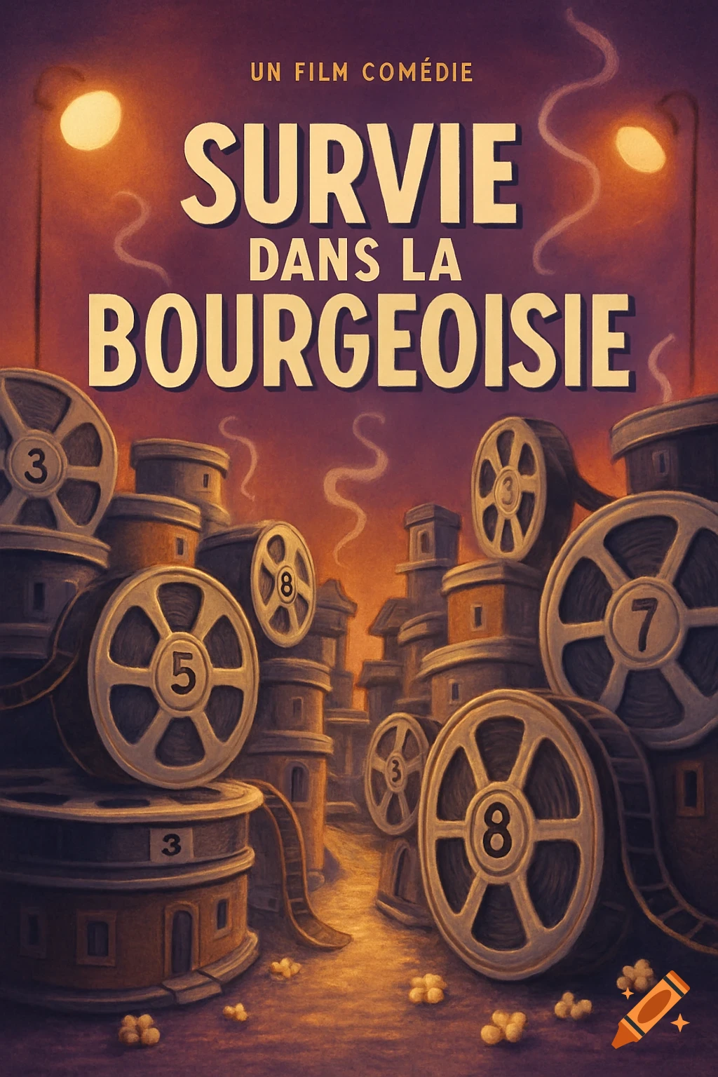 An illustrated movie poster for 'SURVIE DANS LA BOURGEOISIE', featuring a stylized cityscape made of film reels under two streetlights, with popcorn on the ground.