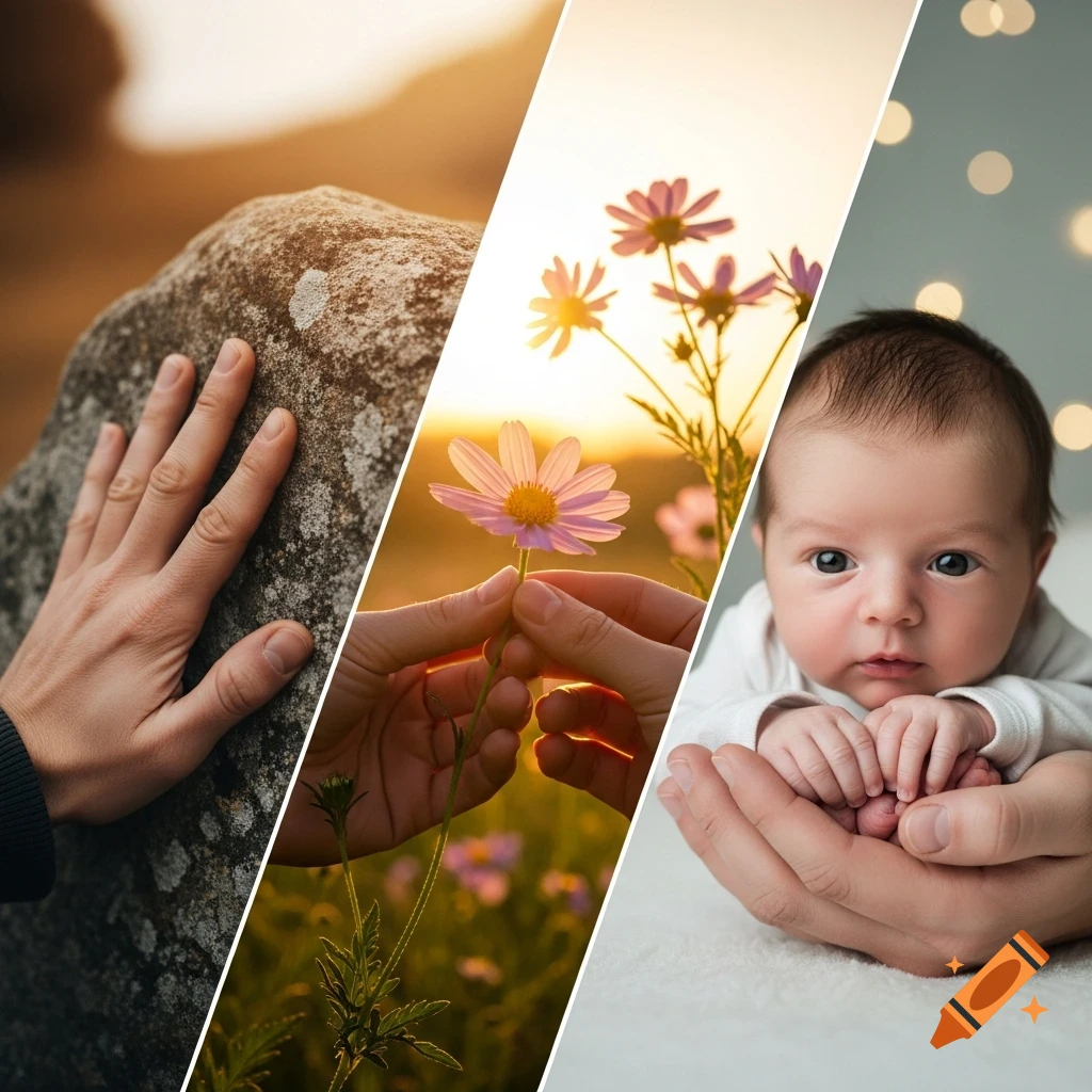 A three-panel image: a hand on a rock, hands holding a flower against a sunset, and a baby held in adult hands.