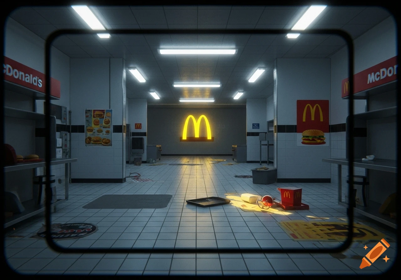 A dimly lit, eerie abandoned McDonald's interior with glowing golden arches, seen through a digicam frame.