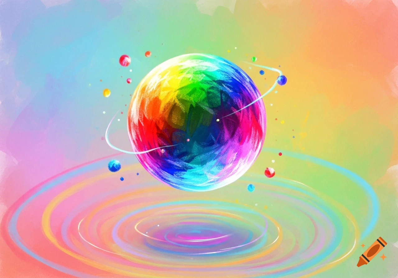 A vibrant, abstract rainbow-colored sphere floats above colorful concentric ripples, surrounded by smaller colorful orbs in a painted style.
