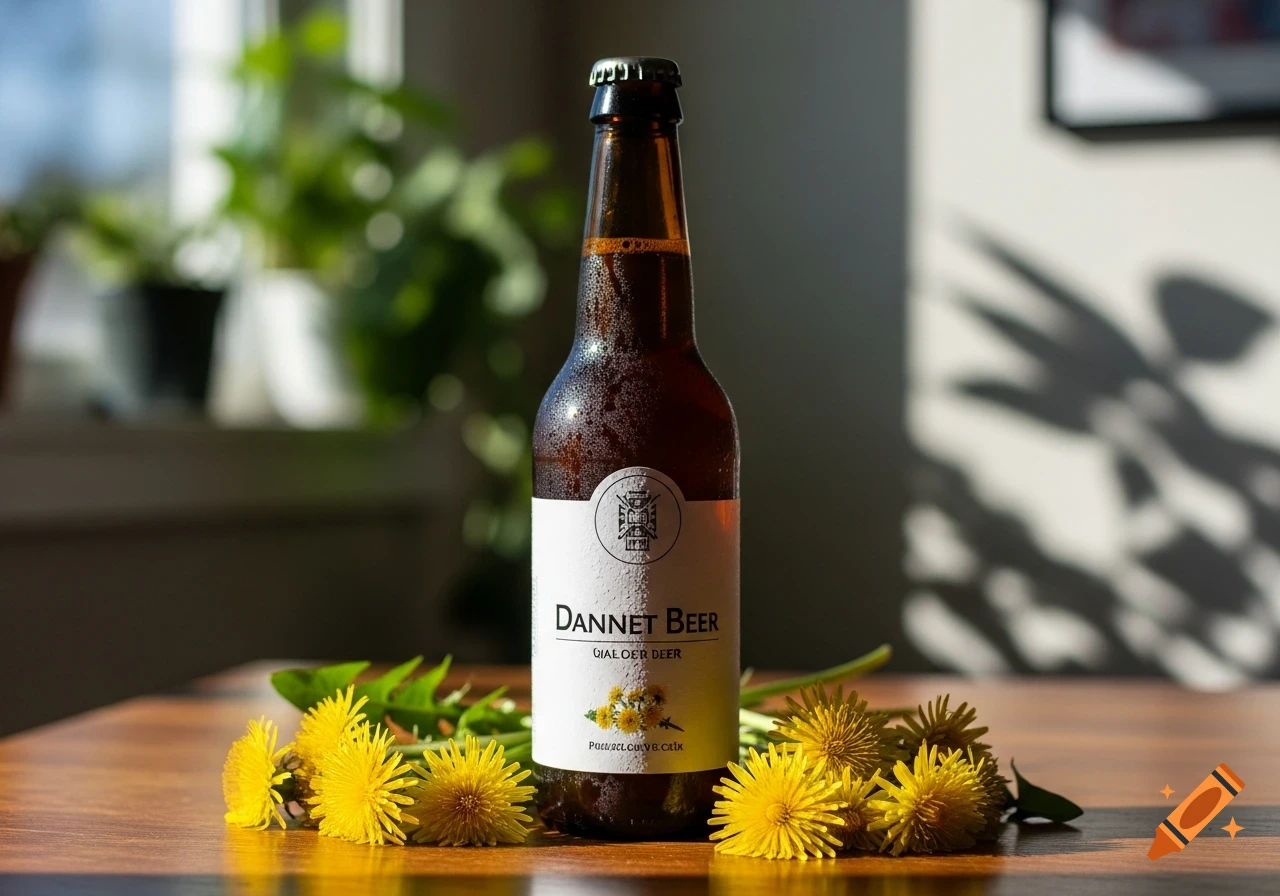 A cold bottle of "Dannet Beer" with condensation on a wooden table, surrounded by bright yellow dandelions, illuminated by sunlight from a window in the background.