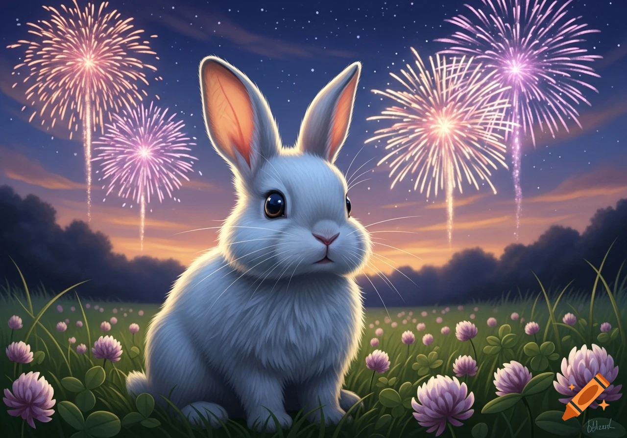 A fluffy white rabbit sits in a field of clover flowers under a night sky illuminated by pink and purple fireworks, cartoon style.