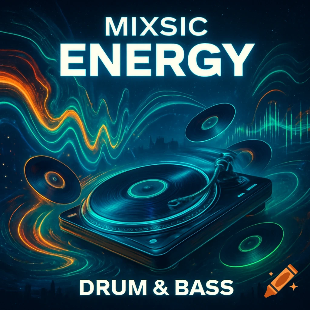 An album cover featuring a retro-futuristic turntable surrounded by glowing neon sound waves and floating vinyl records, with the text MIXSIC ENERGY and DRUM & BASS.