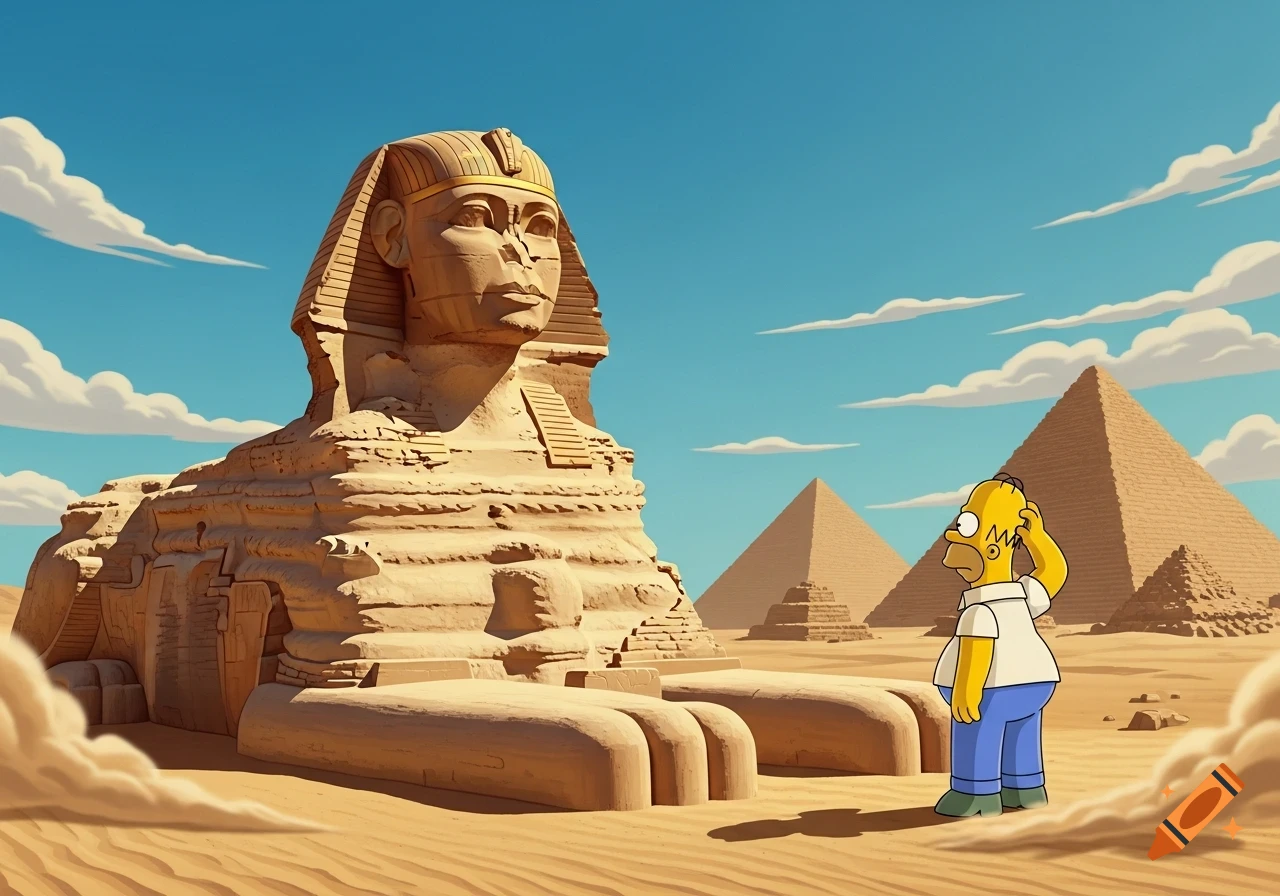 Homer Simpson stands bewildered before the Great Sphinx and pyramids in the Egyptian desert.