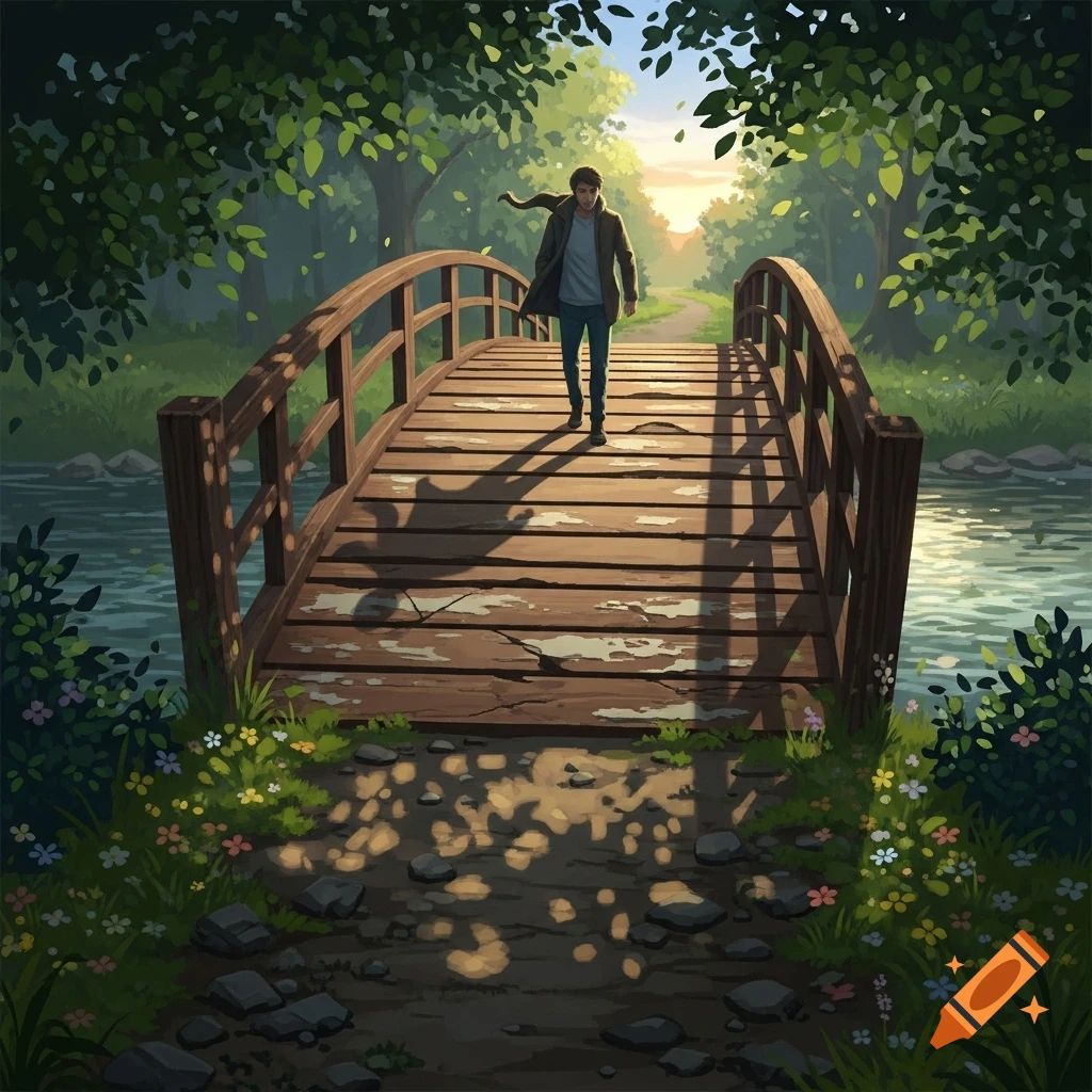 A lone man walks across a rustic wooden bridge over a river, heading into a sunlit forest, in an illustrated art style.