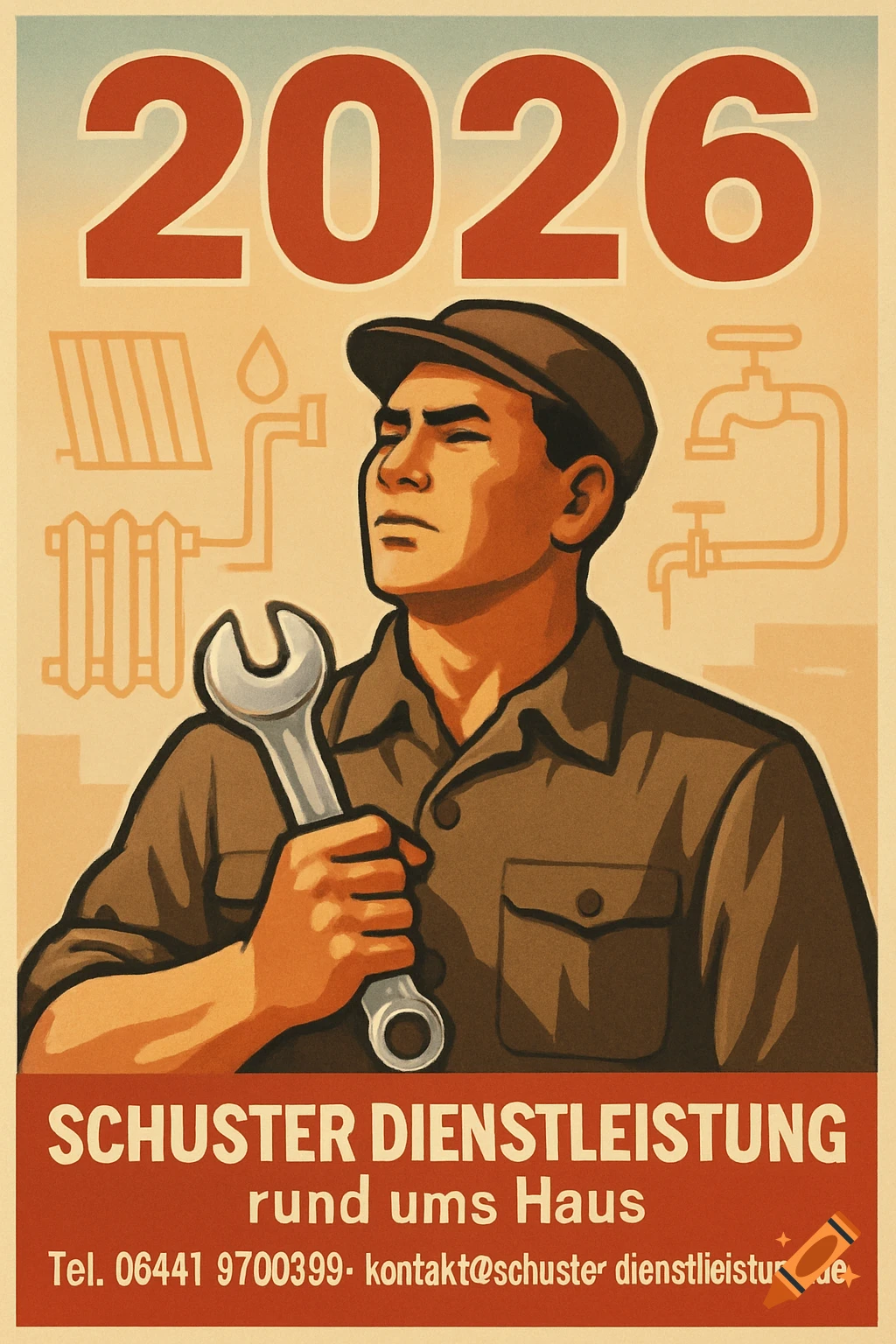 A propaganda-style poster for 2026 featuring a resolute male plumber holding a wrench, with heating and plumbing symbols in the background.