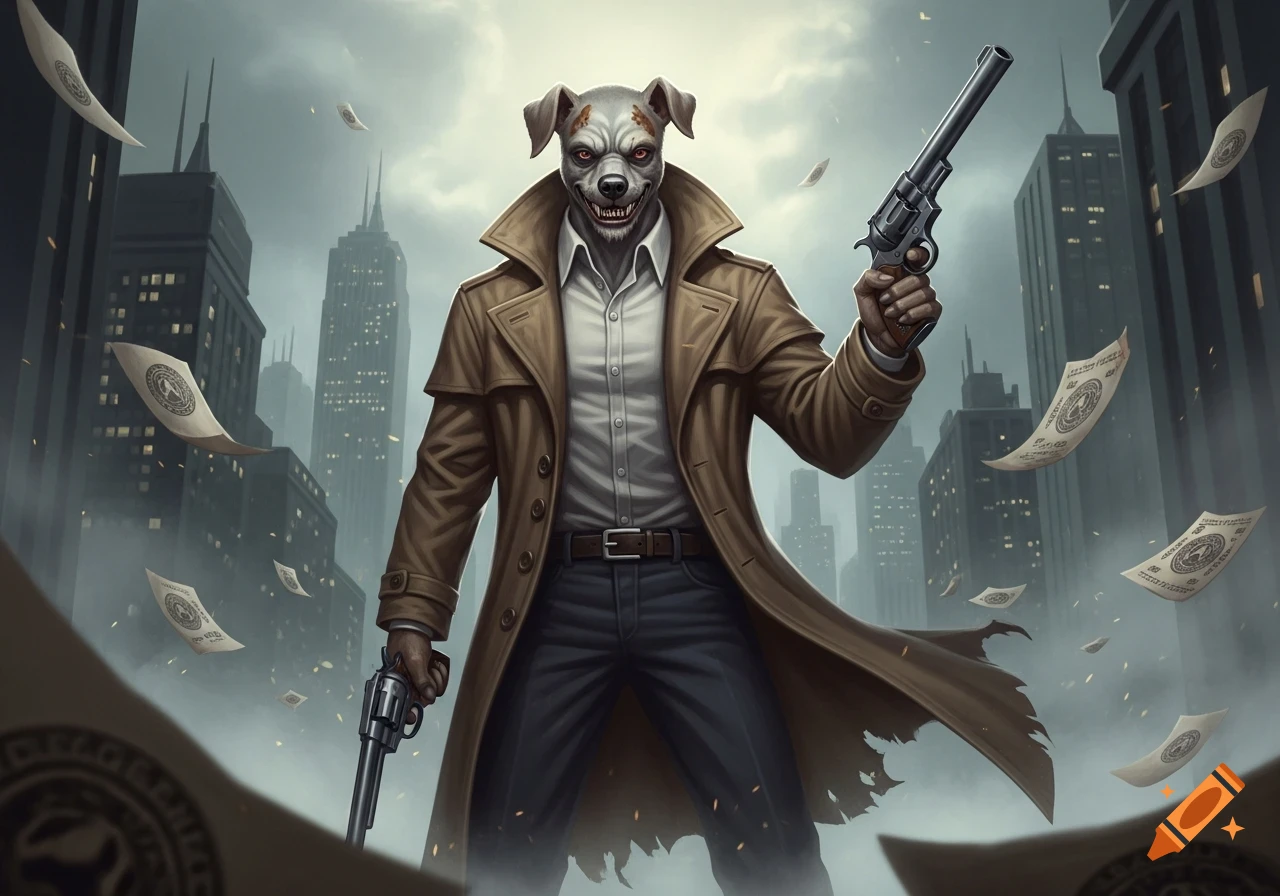 A menacing anthropomorphic dog in a trench coat holds two revolvers in a dark, stylized city with floating papers.