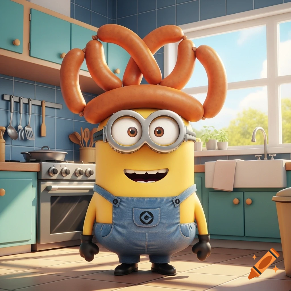 A Minion wearing a hat made of sausages, standing in a kitchen with blue tiled walls and cabinets.