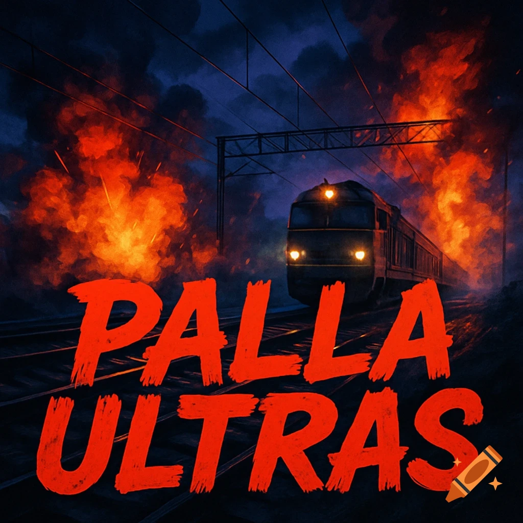 Dramatic night scene with a train on tracks amidst fiery explosions, foregrounded by bold red text 'PALLA ULTRAS'.