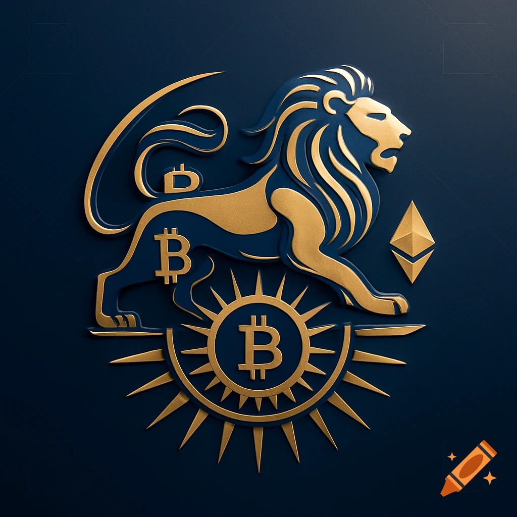 Stylized blue and gold lion emblem with Bitcoin B symbols, an Ethereum logo, and a sun icon, on a dark blue background.