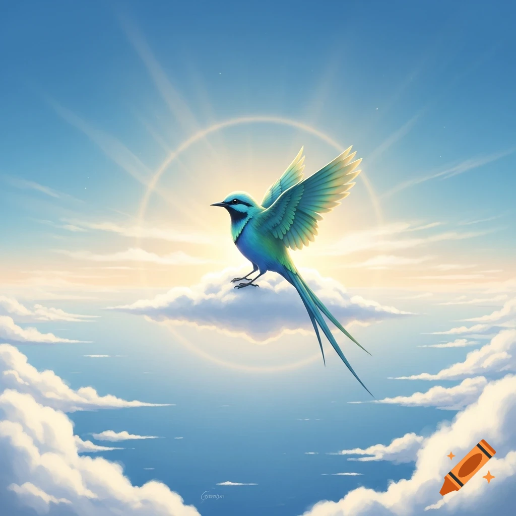 A vibrant blue-green bird with a long tail sits on a fluffy cloud under a glowing sun in a bright blue sky.
