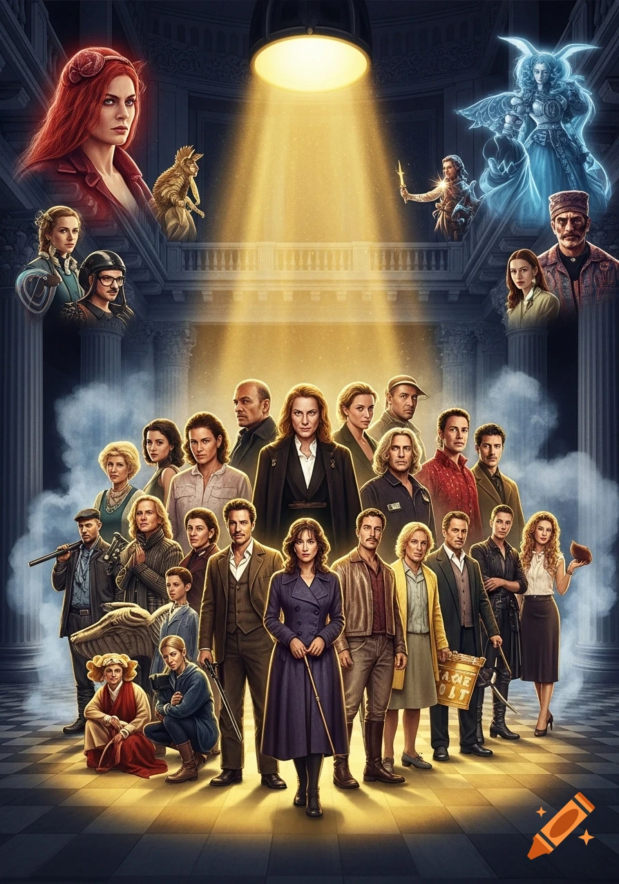 A movie poster depicting a large group of diverse characters in an ornate hall under a spotlight, with some glowing, ethereal figures.