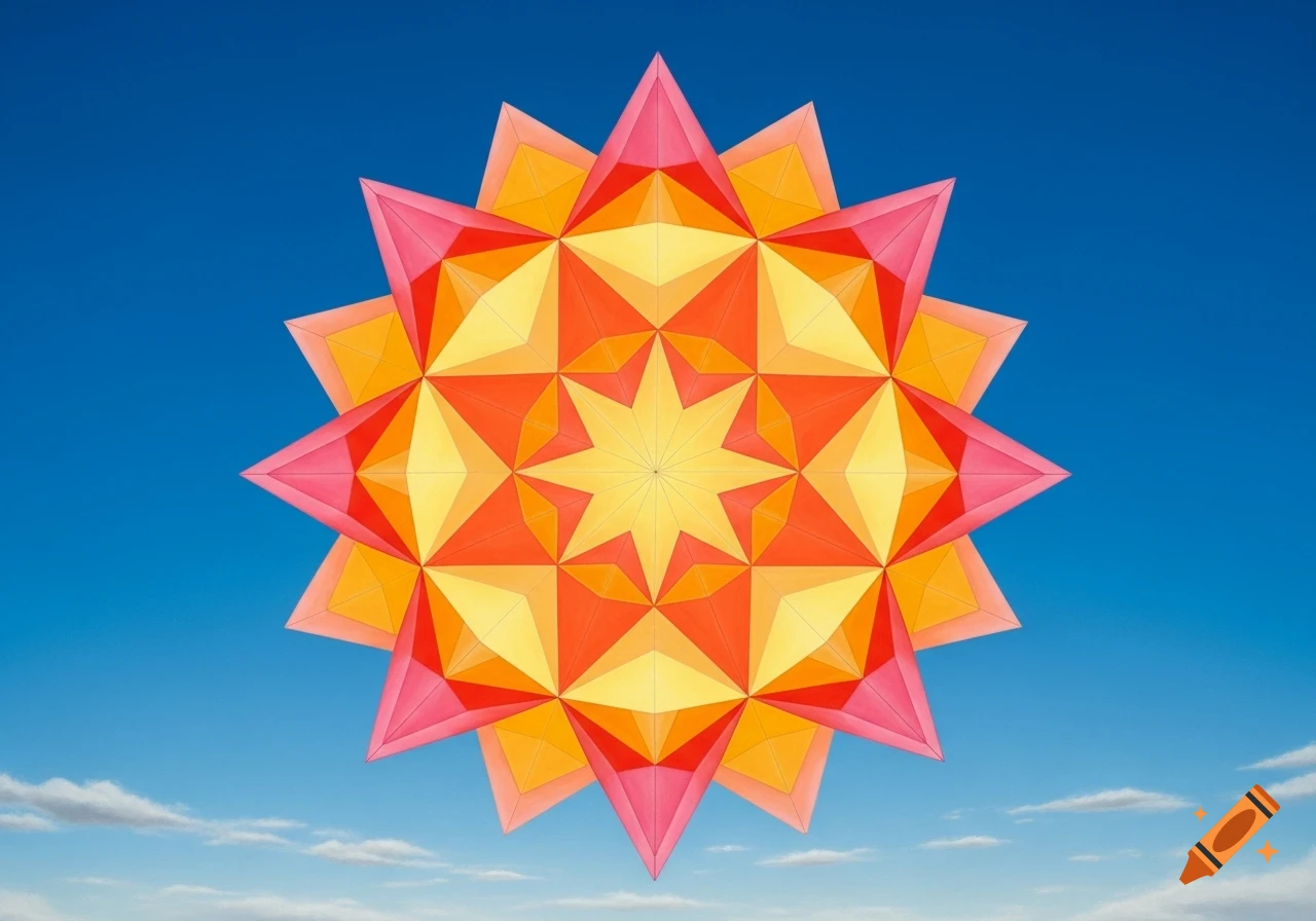 A vibrant geometric sun-like shape made of orange, yellow, and pink triangles against a clear blue sky with wispy clouds.
