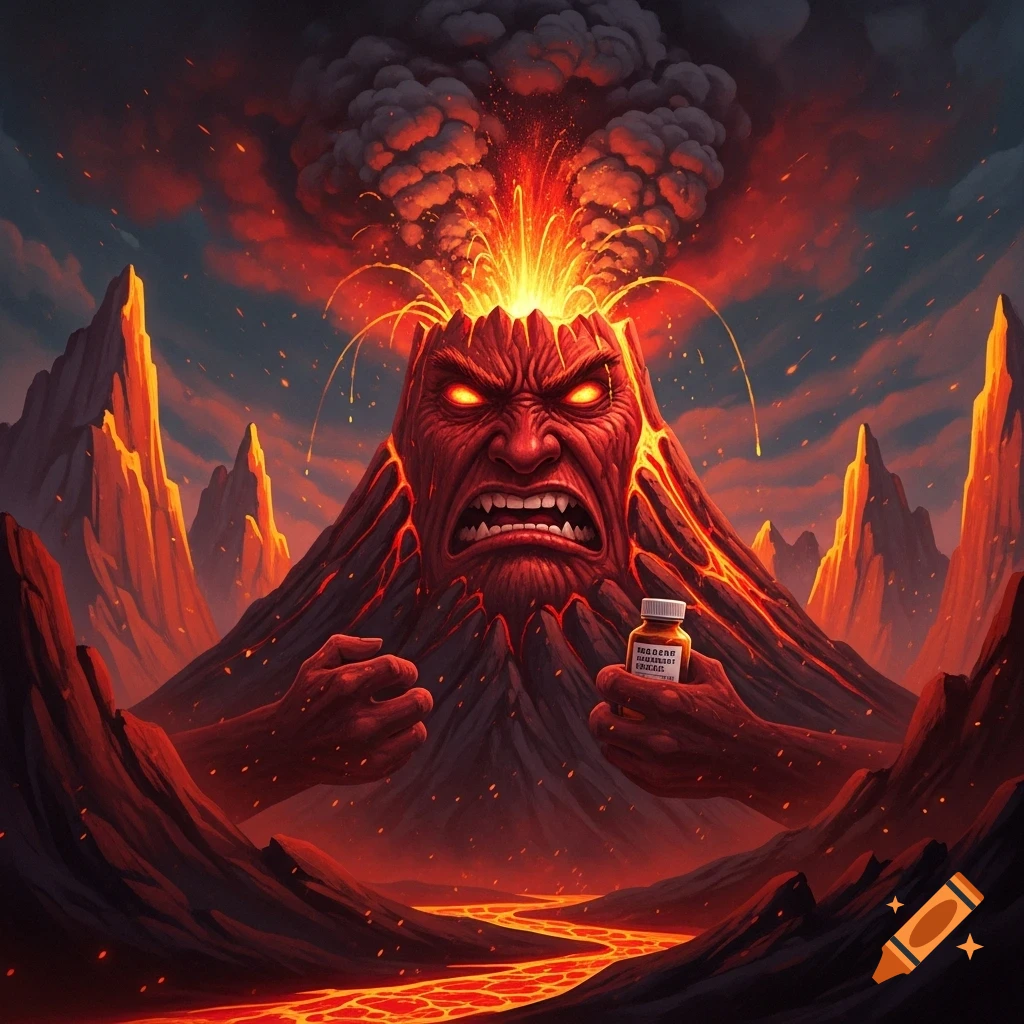 An angry, anthropomorphic volcano with a red, scowling face erupts with fire and smoke, holding a small medicine bottle in one of its rocky hands. A river of lava flows in the foreground, with jagged, fiery mountains under a dark, stormy sky in this digital art piece.