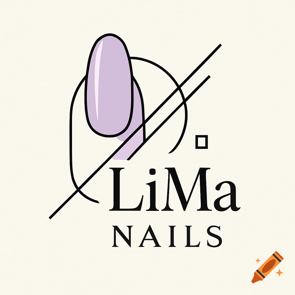 A clean logo with a stylized finger showing a purple polished nail, crossed by two black diagonal lines, above the text "LiMa NAILS".