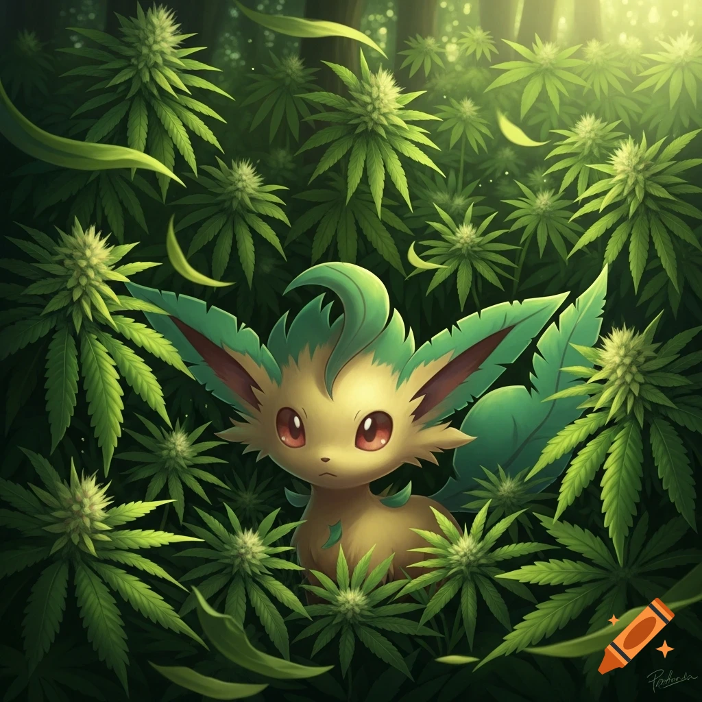 A cute Leafeon peeks from dense green cannabis plants in a sunlit forest.