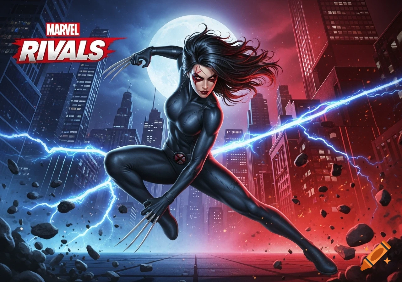 X-23, a female superhero in a black suit, poses with claws extended against a cityscape lit by lightning and a full moon.