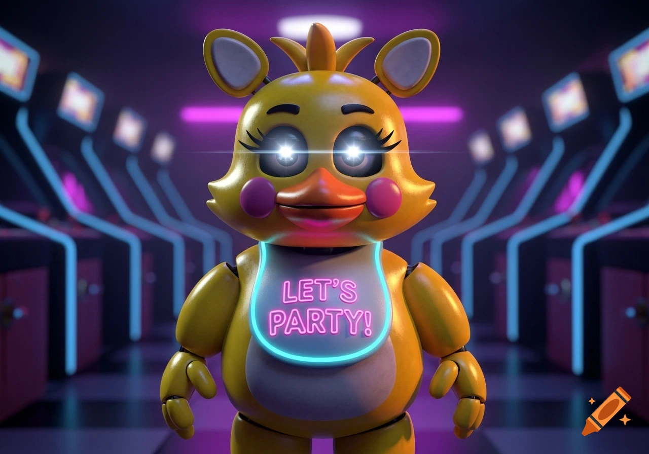 3D render of Toy Chica from Five Nights at Freddy's with glowing eyes and 'LET'S PARTY!' bib in a neon arcade.