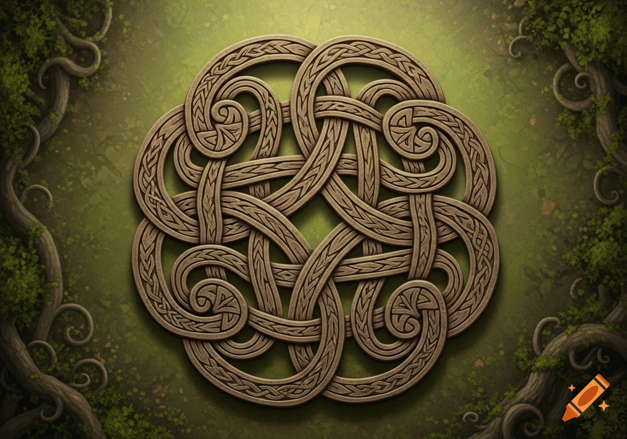 Intricate wooden Celtic knot design on a textured green background with leafy tree branches.