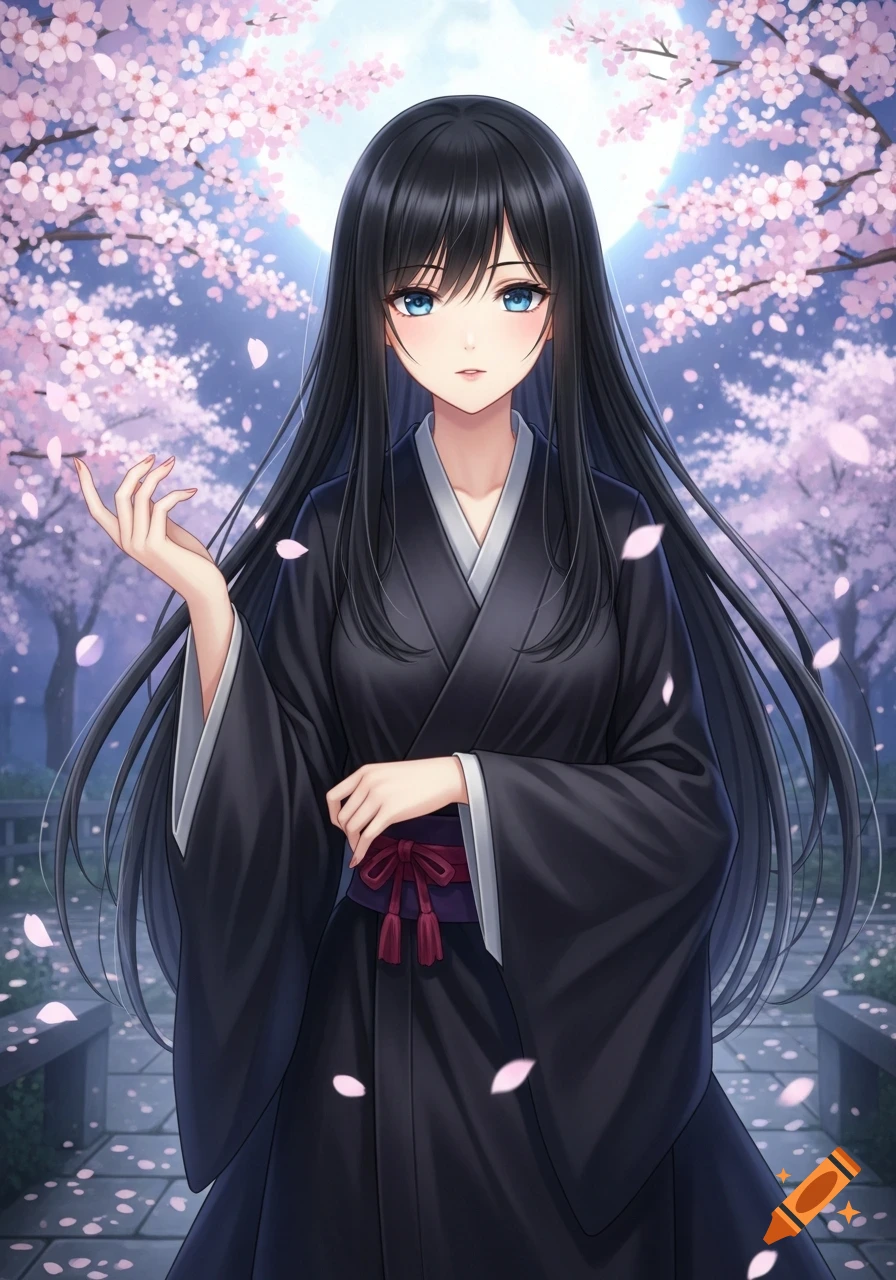 Anime girl with long black hair and blue eyes in a black kimono, standing under blooming cherry blossom trees at night with a full moon.
