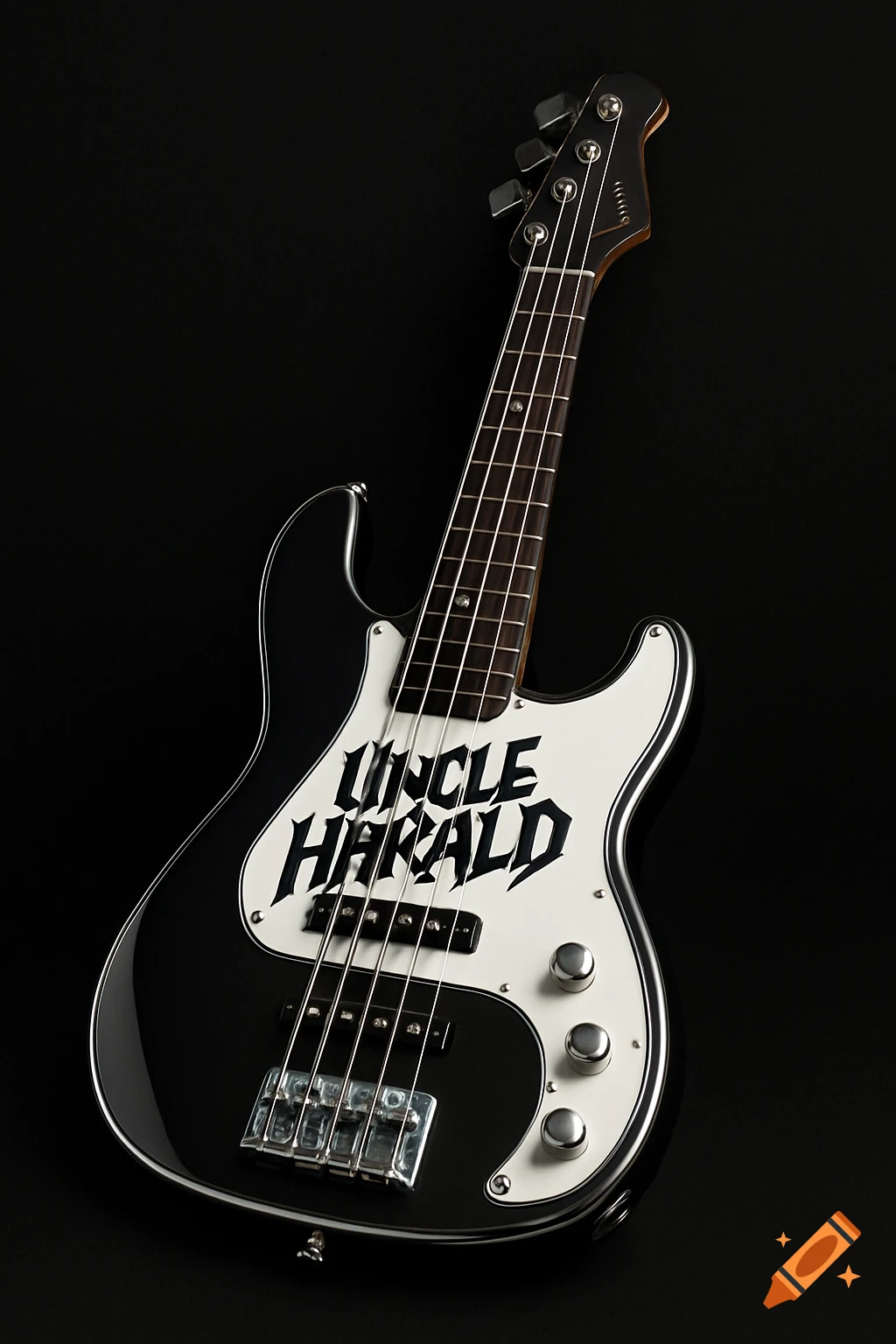 A hyper-realistic black and white 5-string electric bass guitar with "Uncle Harald" design on its body, chrome hardware, set against a black background.