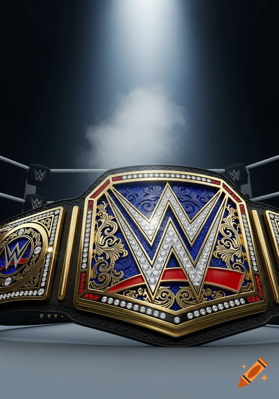 A detailed render of a gold, blue, and red WWE Universal Championship belt with diamonds, set in a wrestling ring under a spotlight.