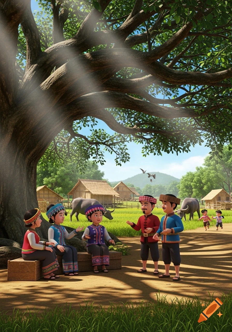 A vibrant 3D animation of villagers in traditional clothing conversing under a large banyan tree in a sunny rural village with huts and buffalo.