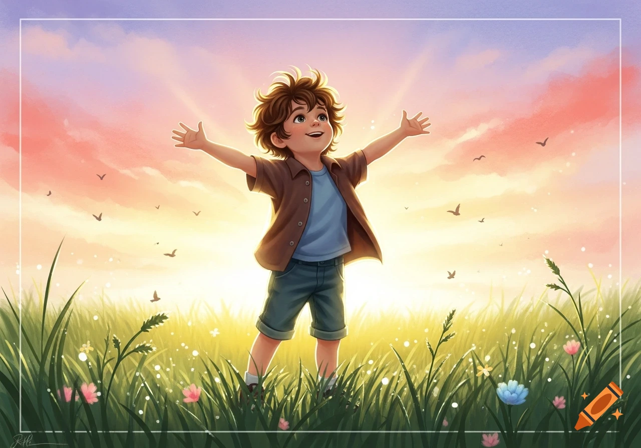 A joyful boy with curly hair stands with arms outstretched in a vibrant field of grass and flowers against a pink and orange sunset sky. Illustration.