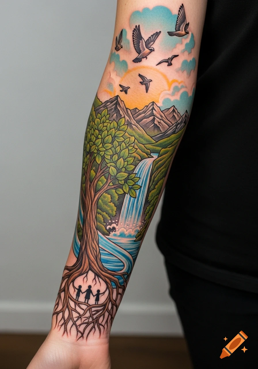Colorful forearm tattoo depicting a tree with roots forming family silhouettes, a waterfall, mountains, flying birds, and a sunset.