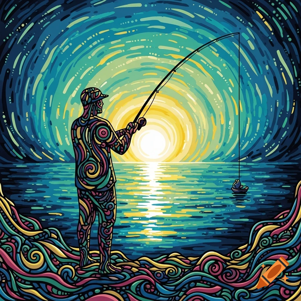 Abstract, colorful illustration of a fisherman casting a line into swirling waters during sunset.