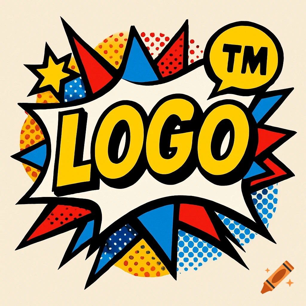 Pop art logo with the word 'LOGO' in a speech bubble, surrounded by colorful comic book-style shapes and a 'TM' symbol.