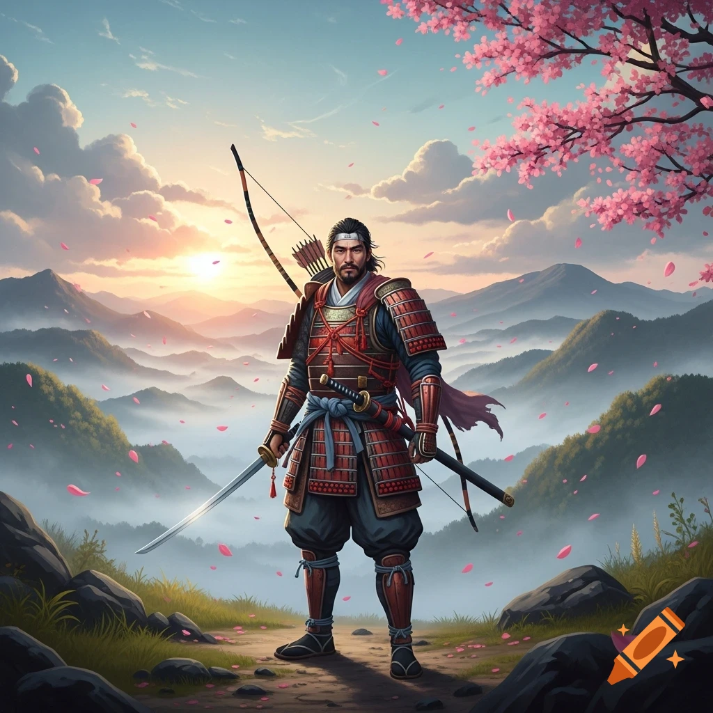A samurai warrior in red armor stands with a katana and bow in a misty mountain landscape with cherry blossoms at sunrise.