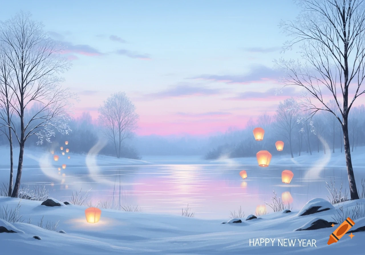 Serene winter landscape with a frozen lake reflecting a pink and blue sky, snow-covered trees, and glowing lanterns. 'HAPPY NEW YEAR' text.