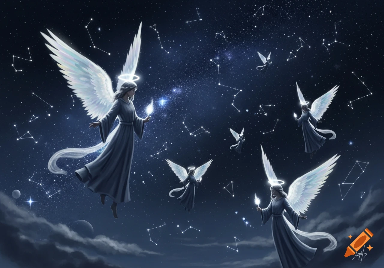 Several glowing angels with large white wings float across a dark blue night sky filled with bright stars and constellations, with planets below.