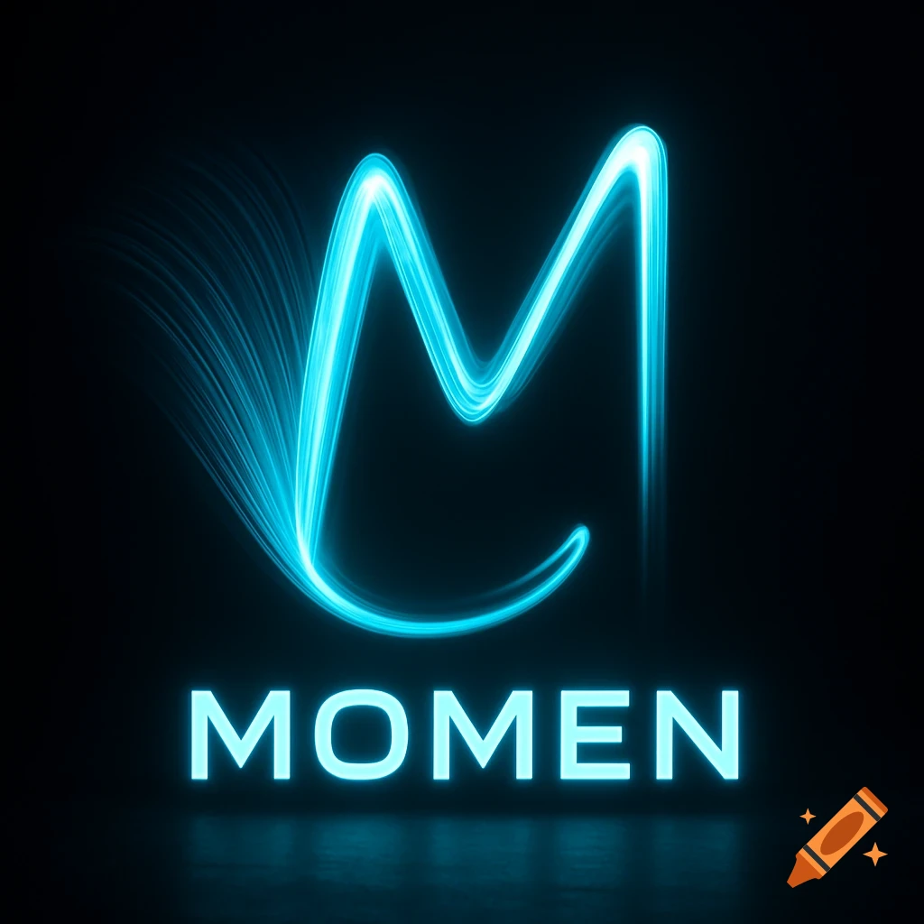 Neon cyan light painting of a sweeping M with a fan-like trail above the glowing word MOMEN on a dark background, with a Tron-like aesthetic.