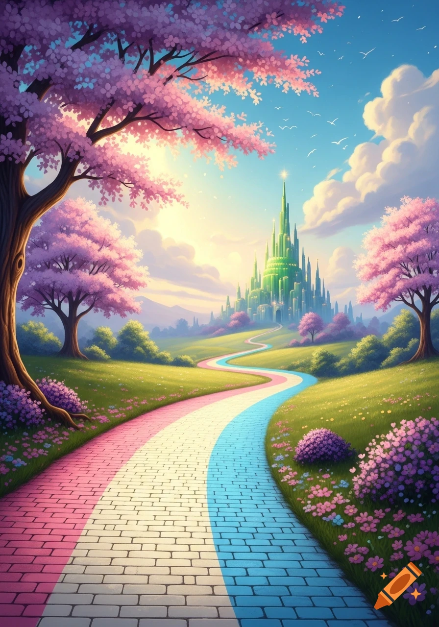A vibrant fantasy landscape with a path in transgender flag colors leading to a green castle, flanked by pink cherry blossom trees.