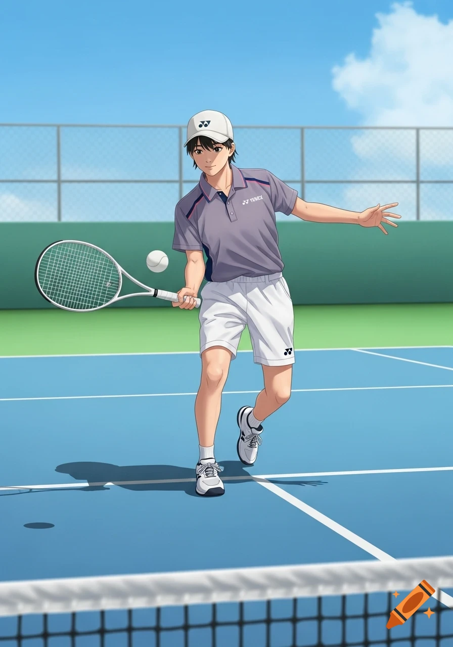 Anime-style illustration of a male tennis player in a grey shirt and white shorts, hitting a tennis ball on a blue outdoor court.