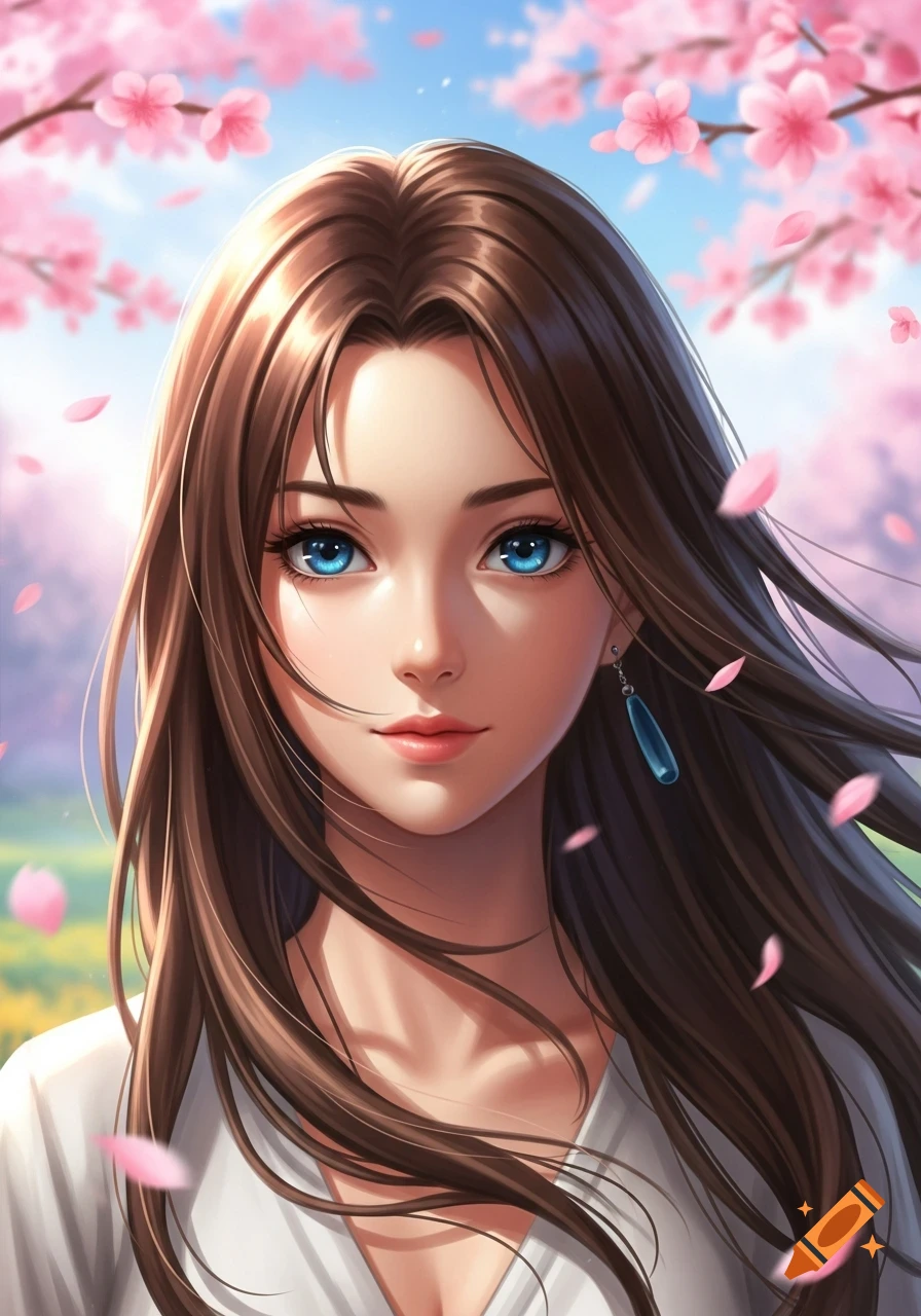 Anime-style portrait of a woman with long brown hair and blue eyes under a sky with pink cherry blossoms.